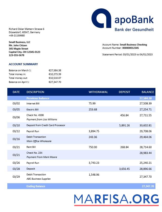 Realistic Apobank enterprise account statement Word and PDF template